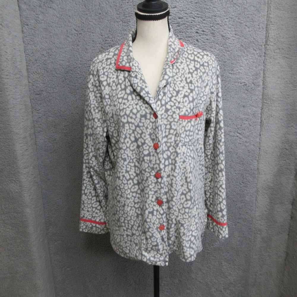Ellen Tracy Pajama Set Women M Grey Leopard Print Fleece Cozy Loungewear Soft